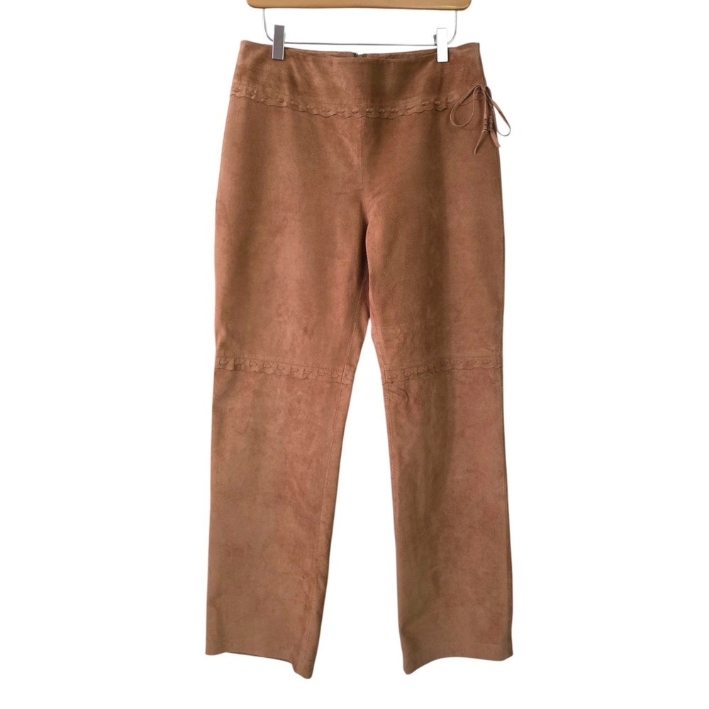 Vintage Danier Tan Suede Leather Pants Straight Leg Scalloped Tie Waist Size 8